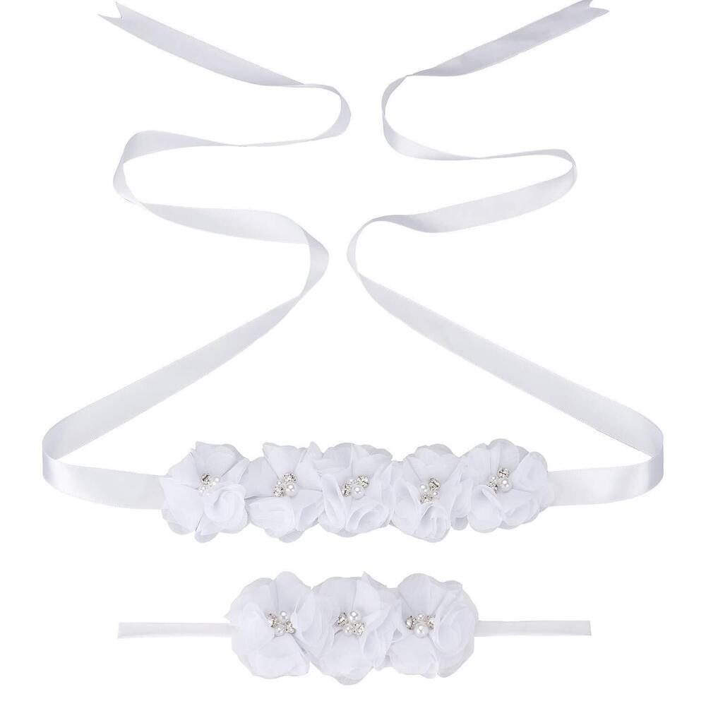 1265 Maternity Flower Sash Headband Set Women Girls Wedding Baby Shower Sash